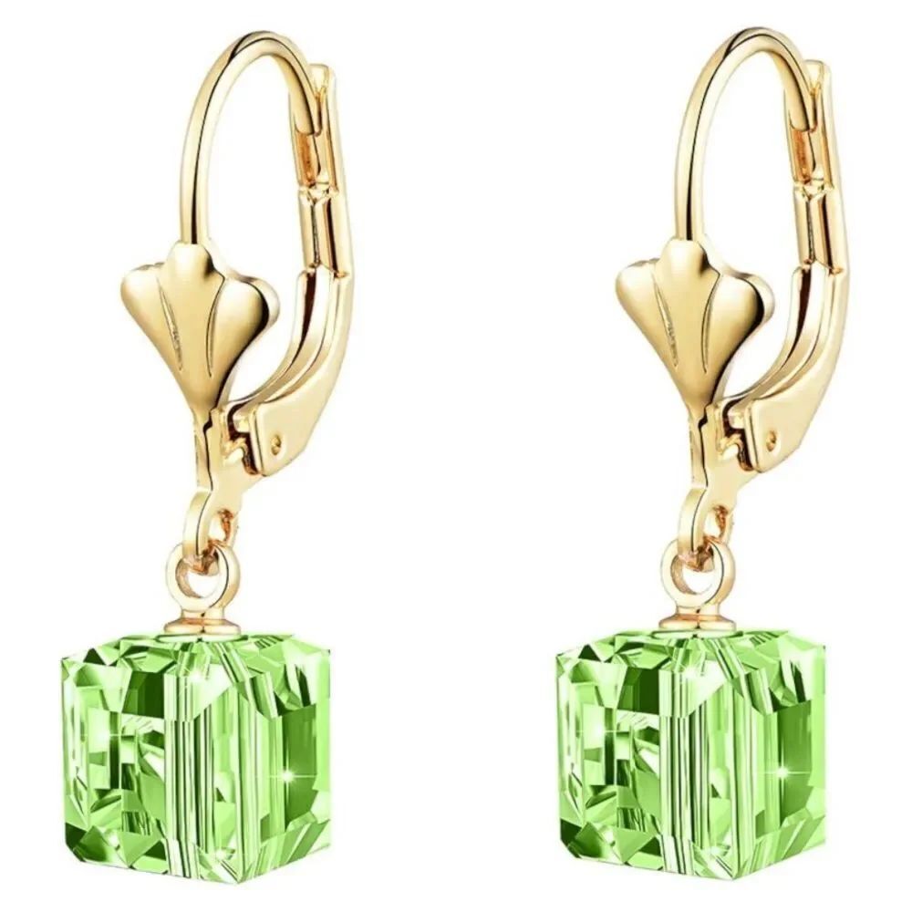14K Yellow Gold with Peridot Green Austrian Crystal Cube Leverback Drop Earrings